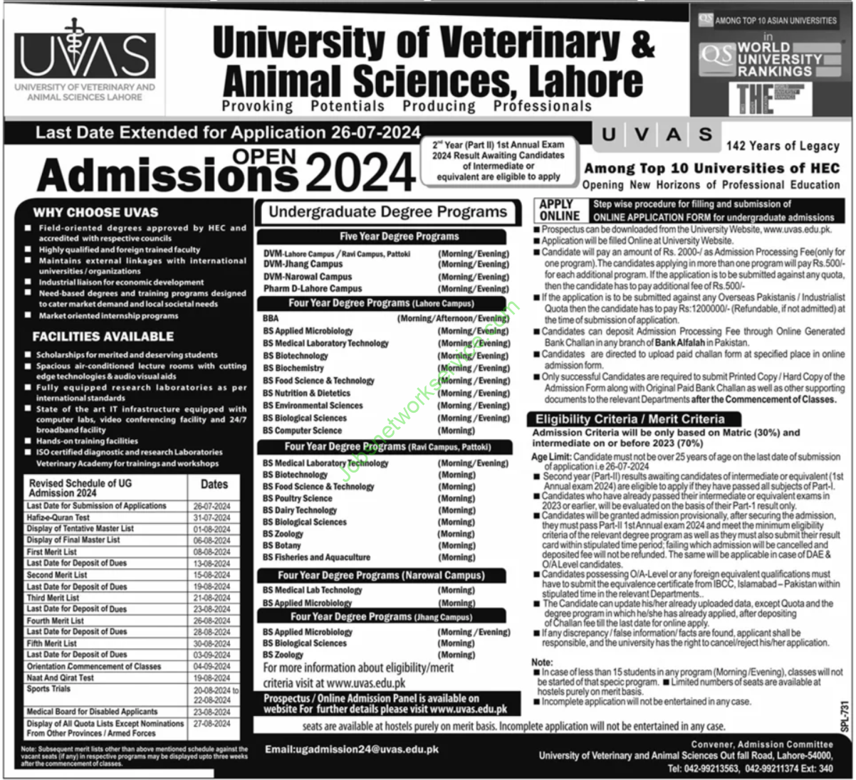 University of Veterinary & Animal Sciences UVAS Lahore New Admission ...