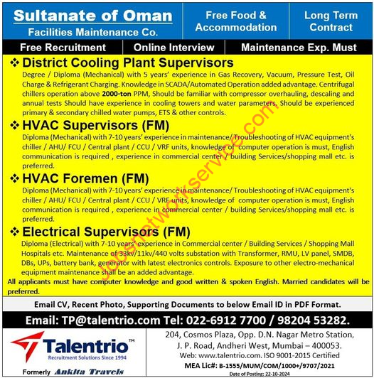 Oman Job Openings for Facilities Maintenance Company Free Food