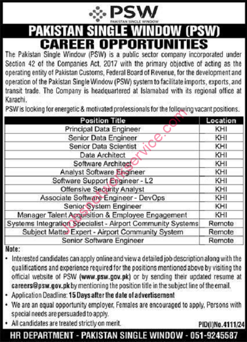 Pakistan Single Window PSW Jobs 2025 Apply Online